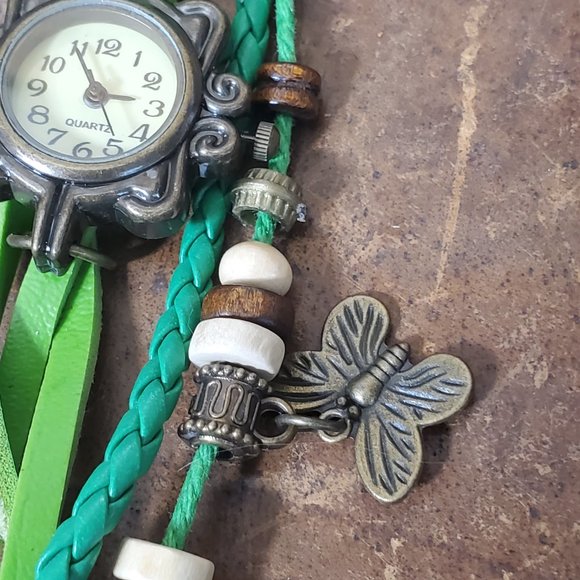 Beaded Bracelet Boho Watch - Butterfly Charm - Green - Picture 8 of 9